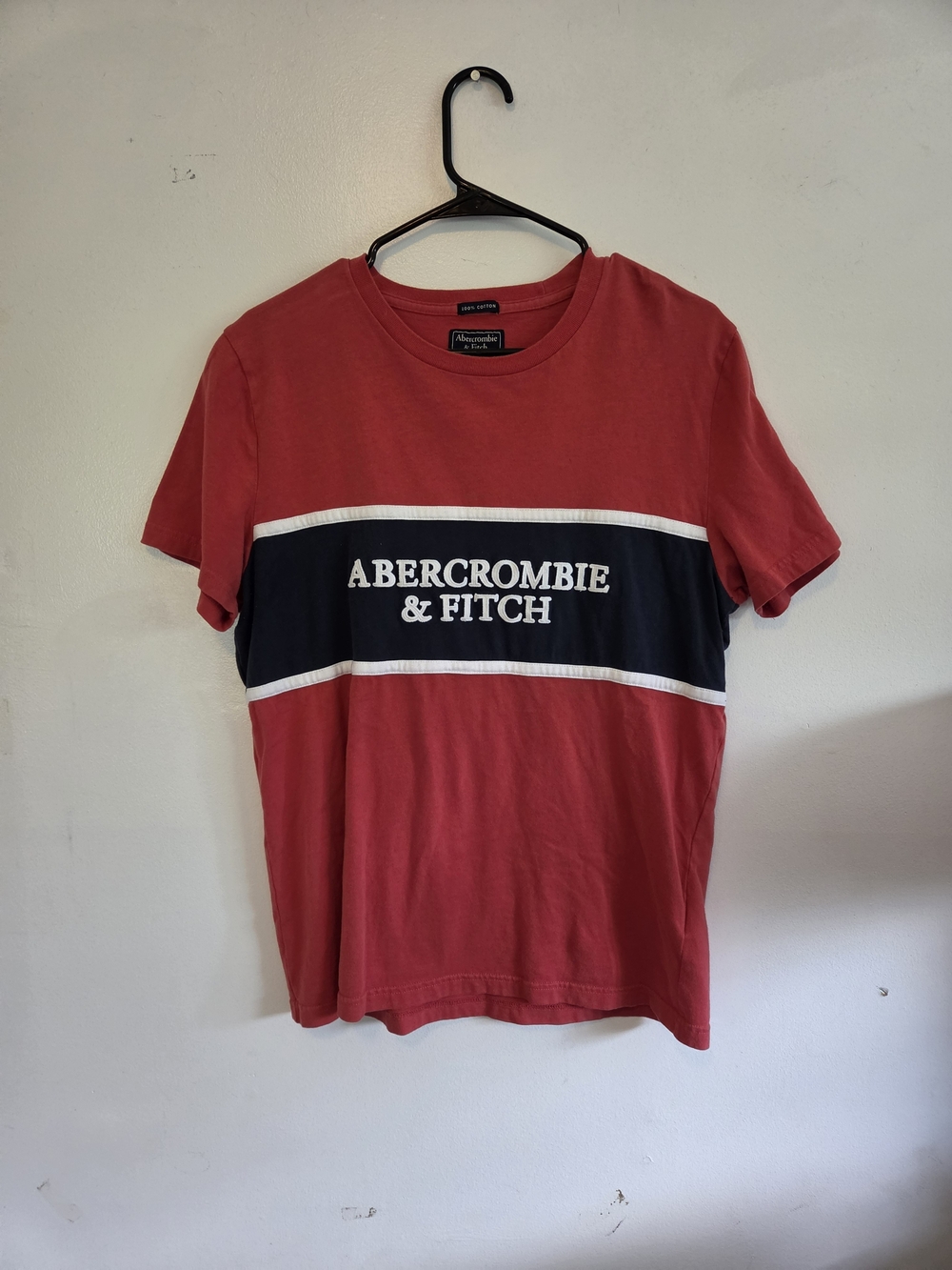 Abercrombie & Fitch Red Tee with Navy Stripe and White Logo